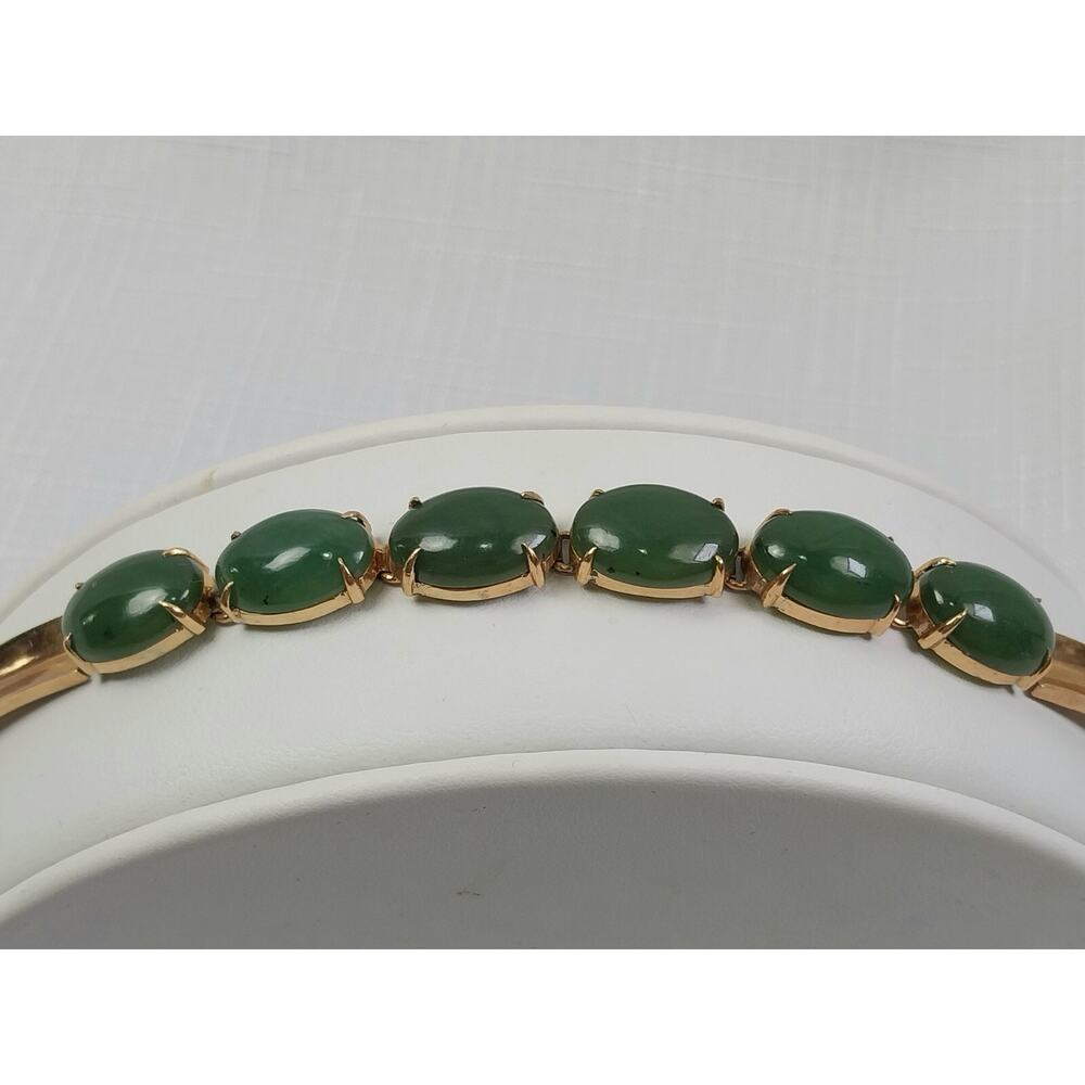 Vintage Large 14K Gold. 12.5g High Grade Green Jade. Cabochon Bracele Size 7